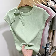 【初色】純色冰絲修身顯瘦圓領綁帶小飛袖短袖針織T恤上衣女上衣-共4色-11987(F可選) F 青綠色