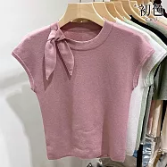 【初色】純色冰絲修身顯瘦圓領綁帶小飛袖短袖針織T恤上衣女上衣-共4色-11987(F可選) F 粉紅色