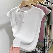 【初色】純色冰絲修身顯瘦圓領綁帶小飛袖短袖針織T恤上衣女上衣-共4色-11987(F可選) F 白色