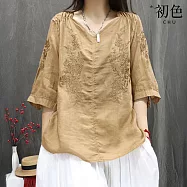 【初色】文藝風中式繡花抽褶肩寬鬆中長款V領七分袖T恤上衣女上衣-共4色-11903(M-2XL可選) M 薑黃色