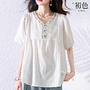 【初色】日系花邊輕薄透氣肌理感V領五分澎袖T恤上衣女上衣-白色-13275(L-4XL可選) L 白色