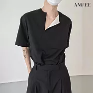 【AMIEE】撞色領口翻折絲滑休閒短袖上衣(男裝/KDTY-C527) L 黑色