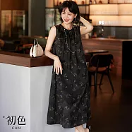 【初色】國風氣質蝴蝶印花直筒皺褶領口無袖背心裙連衣裙連身洋裝長洋裝-黑色-13162(M-XL可選) M 黑色