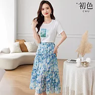 【初色】純色印花圓領短袖T恤上衣女上衣+典雅修身荷葉邊裙襬中長裙半身裙套裝-藍色-13195(M-2XL可選) M 藍色