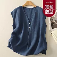 【慢。生活】V領棉麻極簡設計感無袖上衣 2783 FREE 深藍