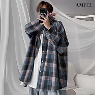 【AMIEE】韓版潮流格紋帥氣襯衫上衣(男裝/KDTY-722B) M 藍色