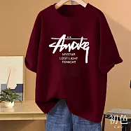 【初色】休閒風印花寬鬆大碼純色圓領短袖T恤-7款任選-11422(M-3XL可選) L B.酒紅色