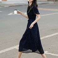 【MsMore】 波點印花漸變壓褶荷葉袖綁帶飄逸長短袖洋裝# 125568 L 藏青色