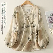 【ACheter】 棉麻冰感輕盈藝術花色斜襟氣質長袖上衣# 125621 M 花紋色