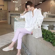 【MsMore】 韓國東大門條紋襯衫娃娃衫中長板長袖上衣# 125618 M 白色