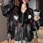 【MsMore】 法式氣質花卉V領寬鬆襯衫薄款防曬長袖上衣# 125656 M 黑色