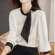 【MsMore】 韓版百搭蝴蝶結拼色長袖緞面上衣# 125673 M 杏色