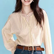 【MsMore】 黃色條紋拼接蕾絲繫帶長袖上衣# 125698 M 黃色