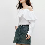 【MsMore】 泡泡袖露肩不對稱荷葉領襯衫長袖上衣# 125734 M 白色