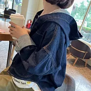 【MsMore】 韓國東大門休閒寬鬆落肩長袖連帽牛仔外套# 125555 FREE 藍色