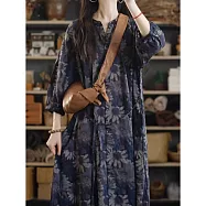 【ACheter】 森林印花立領寬鬆七分袖長洋裝# 125604 2XL 藏青色