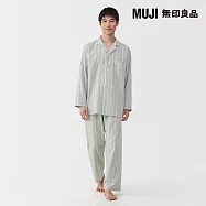 【MUJI 無印良品】男無側縫二重紗織長袖家居睡衣 L 淺綠直紋