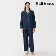 【MUJI 無印良品】女無側縫二重紗織長袖家居睡衣 L 暗藍