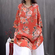 【初色】棉麻風復古文藝印花寬鬆V領五分袖中長款輕薄透氣T恤上衣女上衣-共4色-11904(M-2XL可選) M 紅色花