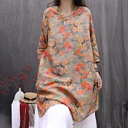 【初色】棉麻風復古文藝印花寬鬆V領五分袖中長款輕薄透氣T恤上衣女上衣-共4色-11904(M-2XL可選) M 黃色花