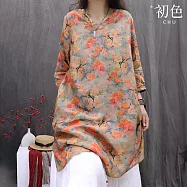 【初色】棉麻風復古文藝印花寬鬆V領五分袖中長款輕薄透氣T恤上衣女上衣-共4色-11904(M-2XL可選) 2XL 黃色花