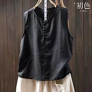 【初色】棉麻風純色復古圓領無袖內搭輕薄透氣寬鬆吊帶打底上衣背心女背心-共3色-11907(M-2XL可選) M 黑色