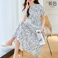 【初色】清新風涼爽修身印花圓領收腰短袖排釦中長連衣裙連身洋裝-花色-13155(M-2XL可選) M 花色