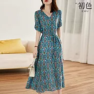 【初色】民族風圖騰印花收腰V領五分袖連衣裙連身洋裝長洋裝-花色-13197(M-2XL可選) M 花色