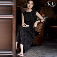 【初色】法式氣質點點波點系帶顯瘦無袖背心裙連衣裙連身洋裝長洋裝-黑色-13160(M-XL可選) M 黑色