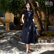 【初色】法式純色腰帶收腰顯瘦圓領短袖連衣裙連身洋裝長洋裝-藏藍色-13159(M-XL可選) M 藏藍色