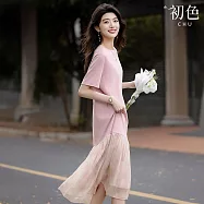 【初色】法式簡約優雅風寬鬆拼接圓領荷葉邊裙襬短袖中長連衣裙連身洋裝-皮粉色-13170(M-2XL可選) M 皮粉色