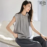 【初色】簡約優雅風寬鬆純色花邊領無袖排釦背心襯衫上衣女上衣-共3色-13141(M-2XL可選) M 灰色