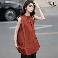 【初色】簡約通勤風純色寬鬆遮肉立領壓褶無袖襯衫上衣女上衣-共2色-13142(M-2XL可選) 2XL 磚紅色