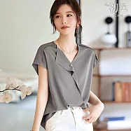 【初色】氣質風不規則領口連肩短袖襯衫上衣女上衣-灰色-13146(M-2XL可選) M 灰色
