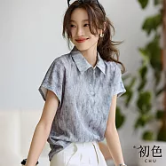 【初色】休閒風潑墨暈染輕薄肌理感翻領落肩短袖POLO衫上衣女上衣-藍色-13151(M-2XL可選) M 藍色