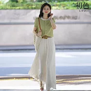 【初色】文藝風拼色圓領短袖針織衫上衣女上衣+荷葉邊裙襬長裙半身裙套裝-綠衣白裙-13199(M-2XL可選) M 綠衣白裙