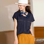 【初色】純色輕薄落肩V領短袖單排釦簡約襯衫上衣女上衣-共3色-12020(M-2XL可選) M 藏青色