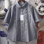 【初色】純色拼接荷葉邊娃娃領短袖格紋襯衫上衣女上衣-共2色-12016(M-2XL可選) M 格子