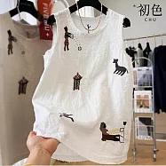 【初色】亞麻風文藝重工刺繡小圖輕薄寬鬆中長外搭圓領背心女背心-共2色-13683(M-2XL可選) XL 白色