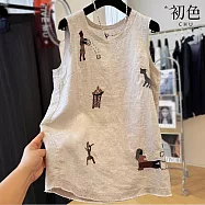 【初色】亞麻風文藝重工刺繡小圖輕薄寬鬆中長外搭圓領背心女背心-共2色-13683(M-2XL可選) 2XL 麻色
