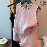 【初色】民族風純色編織釘珠無袖背心上衣女上衣+素色口袋休閒褲短褲套裝-粉色-13750(M-2XL可選) M 粉色