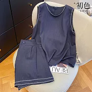 【初色】洋氣減齡寬鬆顯瘦圓領無袖馬甲背心女背心+鬆緊腰休閒褲寬褲短褲套裝-共2色-13760(M-2XL可選) M 藏青色