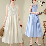 【初色】復古文藝風V領單排釦壓摺寬鬆傘裙背心連衣裙連身洋裝長洋裝-共3色-13761(M-2XL可選) M 杏色