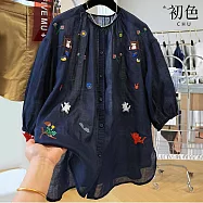 【初色】韓版純色童趣圓領刺繡七分袖上衣女上衣-共2色-13691(M-2XL可選) M 藏青色