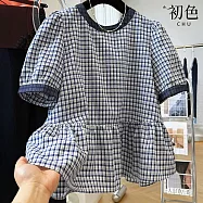 【初色】撞色拼接復古格紋格子圓領短袖寬鬆裙襬襯衫娃娃衫上衣女上衣-藍格子-13693(M-2XL可選) M 藍格子