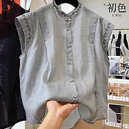 【初色】韓版純色花邊刺繡圓領單排釦無袖馬甲襯衫上衣女上衣-共2色-13752(M-2XL可選) M 灰色