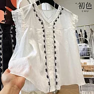 【初色】輕薄透氣重工刺繡V領荷葉邊無袖背心襯衫上衣女上衣-共2色-13710(M-2XL可選) M 白色