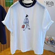 【初色】棉麻風純色人物印花撞色圓領大碼短袖T恤上衣女上衣-共2色-13716(M-4XL可選) M 白色