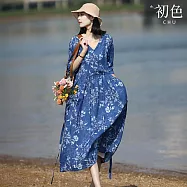 【初色】和服式復古風印花寬鬆V領七分袖中長連衣裙連身洋裝-藍色-13776(M-2XL可選) M 藍色