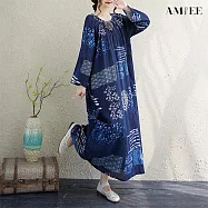【AMIEE】慵懶度假風長袖連衣裙洋裝(KDDY-8809) FREE 藍色